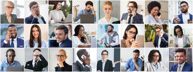 Set of business people in formal wear showing variety of emotions, using modern technologies, doing office job