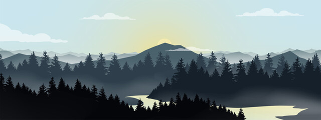 Mountain and lake forest scenery. Fog at sunrise and sunset.