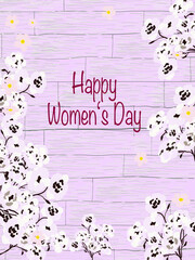 Colorful greeting card 8 March International Women's Day. White flowers.