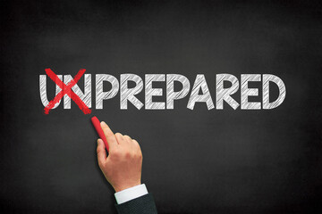 Prepared and Unprepared concept with a male hand writing on chalkboard