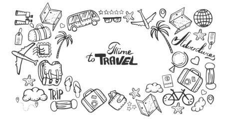 doodle illustrations on theme of time to travel. The illustrations are isolated on a white background.