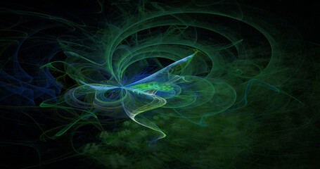 Abstract glowing blue and green swirl shapes. Fantastic fractal shapes background. Generative art. 3d rendering.