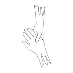 One line drawing female and male hand holding hands. Romantic picture. Minimalism on a white background.