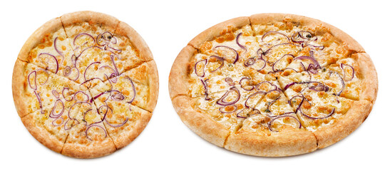 Delicious pizza with mozzarella and onion, isolated on white background