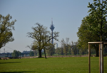 Fototapeta na wymiar Promenade am Fluss Rhein in Düsseldorf, Hauptstadt von Nordrhein - Westfalen