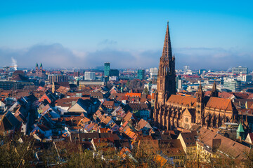 Obraz premium Germany, Freiburg im Breisgau city, gothic muenster cathedral in winter with misty atmosphere, panorama view above skyline at sunset