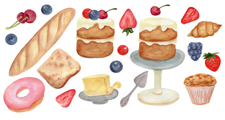 Set of watercolor desserts, pastries and berries