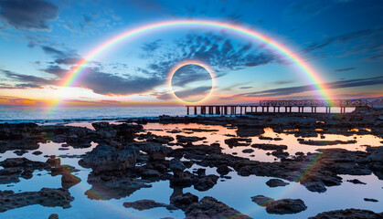 Long exposure photo - Beautiful landscape with wooden pier and rainbow, Solar eclipse in the...