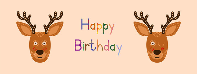 Head with expression of emotions of a funny deer with antlers in cartoon style isolated on a colored background. Birthday card.