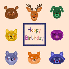 A set of face emoticons or emoticons. Animal face emoticons with cute character expressions. The muzzle of a raccoon, owl, dog, cat, bear, deer, fox, wolf. Birthday card.