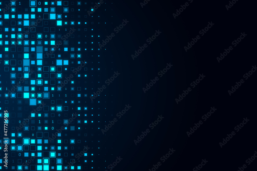 Poster Abstract glowing binary code and pixel background with mock up place. Design and technology concept. 3D Rendering.