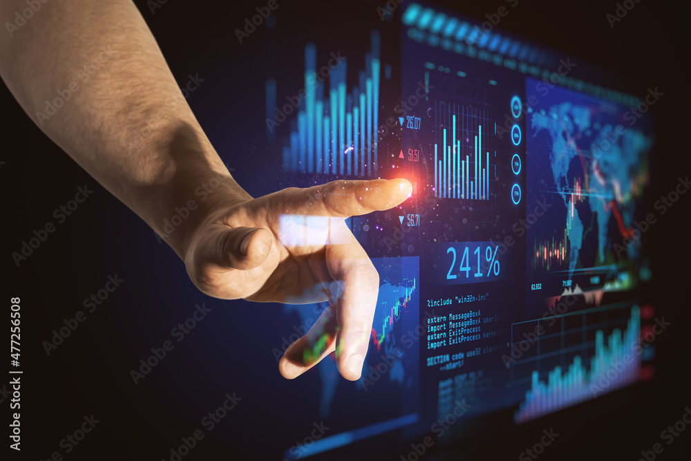 Poster close up of man hand pointing at abstract glowing blue business forex chart and map interface on dar