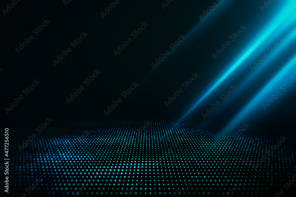 Poster creative dark digital backdrop with glowing blue light and mock up place. design and technology conc