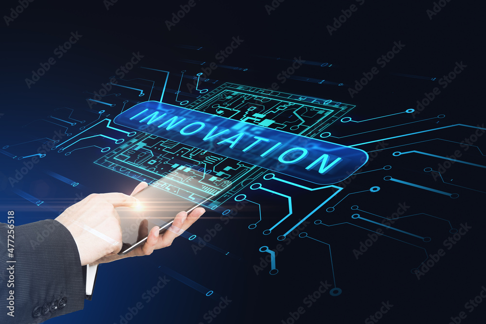 Poster close up of businessman hand pointing at smartphone with abstract glowing innovation hologram on dar