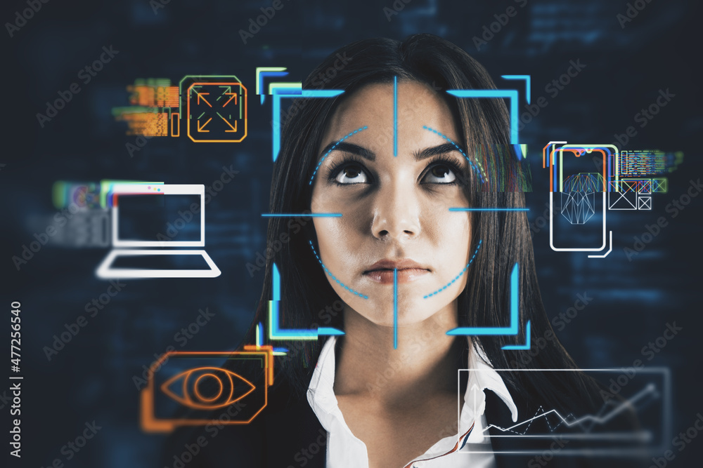 Poster portrait of attractive young european business woman with abstract glowing face recognition interfac