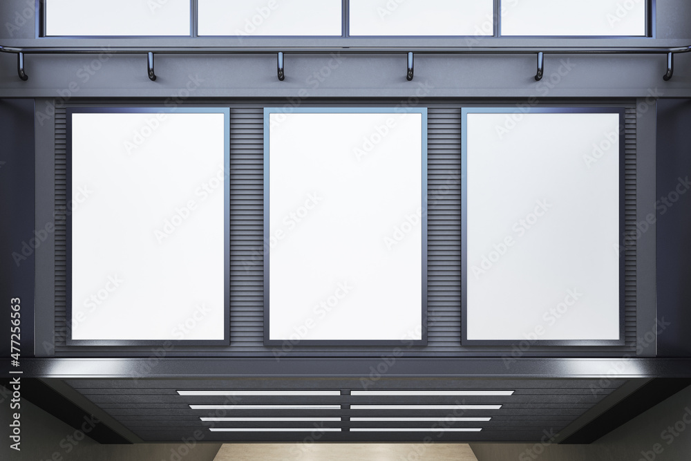 Poster Abstract gray interior with empty mock up frames for your advertisement on wall. 3D Rendering.