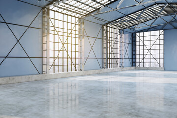 Contemporary spacious concrete empty hangar interior with sunlight, city view and window frames. Factory and industrial concept. 3D Rendering.