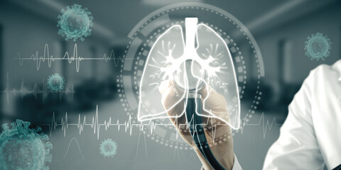 Abstract image of medical female worker hand on glowing interface of lungs and virus on blurry interior background. Medicine, healthcare and pandemic concept. Double exposure.