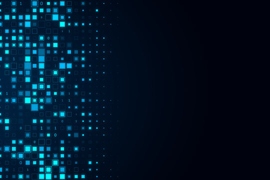Abstract glowing binary code and pixel background with mock up place. Design and technology concept. 3D Rendering.