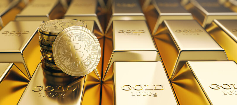 Creative background with bitcoin cryptocureency and gold ingots. Money and investment concept. 3D Rendering.