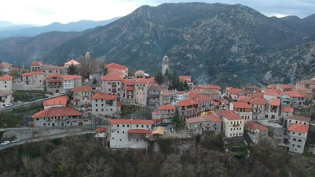 Aerial view over the beautiful historical village Dimitsana during winter period in Arcadia, Peloponnese, Greece
