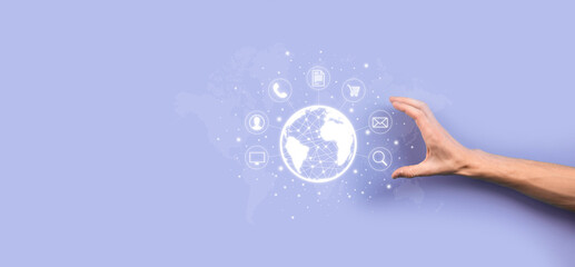 Business man hiold, use,press infographic icon of community technology digital.Concept of hi tech and big data. Global connection.IoT Internet of Things . ICT Information Communication Network .