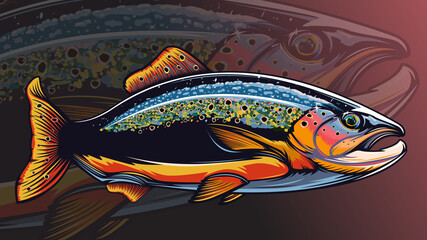 Rainbow trout jumping out water.Salmon isolated on white background. Concept art for horoscope, tattoo or colouring book.