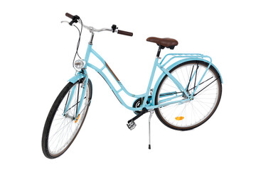 Fototapeta na wymiar Blue womens bicycle Isolated on white background. Retro Vintage Ladies Bike.