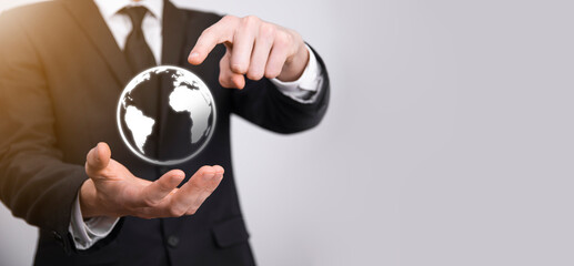 Businessman man hand holding Earth icon , digital globe.