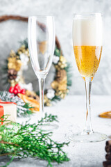 champagne in transparent glasses sparkling drink holiday cocktail White wine sweet dessert copy space food background rustic. top view 