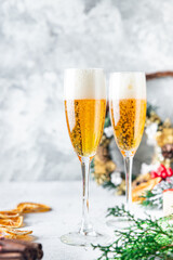 champagne in transparent glasses sparkling drink holiday cocktail White wine sweet dessert copy space food background rustic. top view 
