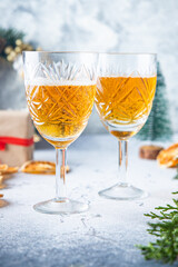 champagne in transparent glasses sparkling drink holiday cocktail White wine sweet dessert copy space food background rustic. top view 