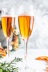 champagne in transparent glasses sparkling drink holiday cocktail White wine sweet dessert copy space food background rustic. top view 