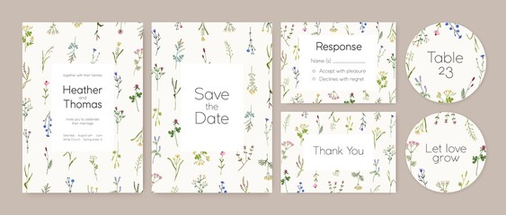 Floral wedding cards and labels set. Invitations and tags backgrounds with flowers frames. Spring romantic Save the Date, RSVP templates designs for marriage party. Flat graphic vector illustrations