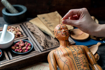 Acupuncture models and medical books are on the table. Acupuncture is a traditional Chinese medical...