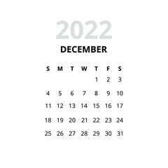 2022 December Month Calendar. Vector Illustration of Time Numbers.