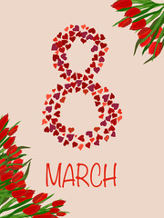 Festive greeting card for March 8. Background from red tulips. Place for your text.