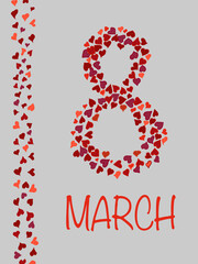 Colorful 8 March International Women's Day. Womens day pink hearts greeting cards.
