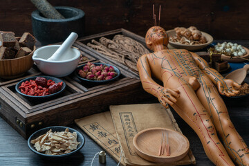 Acupuncture puppets and traditional Chinese medicine are on the table