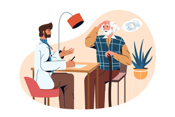 Flat psychiatrist and elderly patient with alzheimer diseas, dementia, psychiatric or anxiety disorder. Doctor help to old man with confusion in head. Treatment of mental problems or loss of memory.