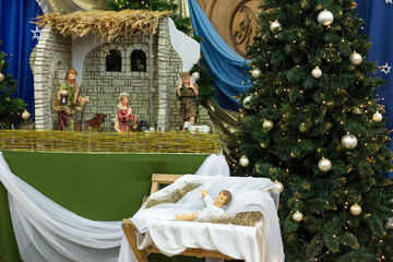 Minsk Belarus - 25-12-2021: Christmas composition in the Church of the Holy Trinity (St. Roch)