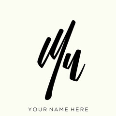 MN monogram logo.Calligraphic icon.Letter m, letter n.Lettering sign isolated on light fund.Bold signature alphabet initials.Elegant handwritten, brush script, ink style.