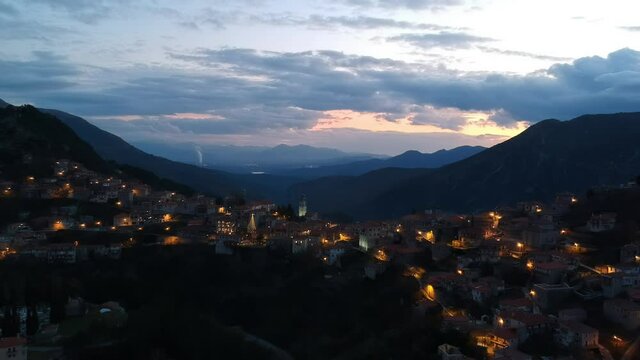 Aerial view over the beautiful historical village Dimitsana during winter period in Arcadia, Peloponnese, Greece