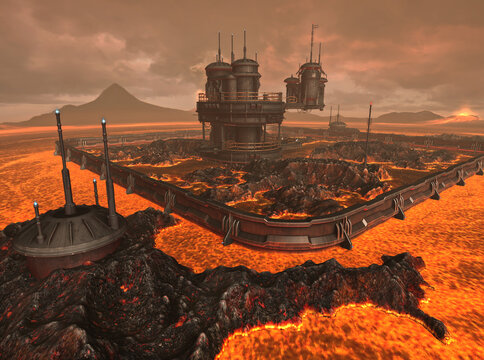 3d render of a magnificent view of volcano station among volcanic terrain surrounded by lava sea on some alien planet.