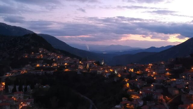 Aerial view over the beautiful historical village Dimitsana during winter period in Arcadia, Peloponnese, Greece