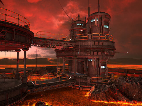 3d render of a magnificent view of volcano station among volcanic terrain surrounded by lava sea on some alien planet.