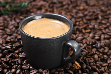 Realistic view of black espresso coffee in the dark cup in the roasted coffee beans. Cup with coffee crema and coffee beans.Close up and selective focus on the cup