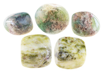 Fototapeta na wymiar set of various Moss Agate stones cutout on white