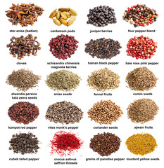 set of piles of various whole spices with names