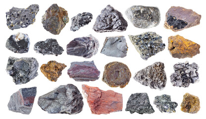 set of various iron ore stones cutout on white